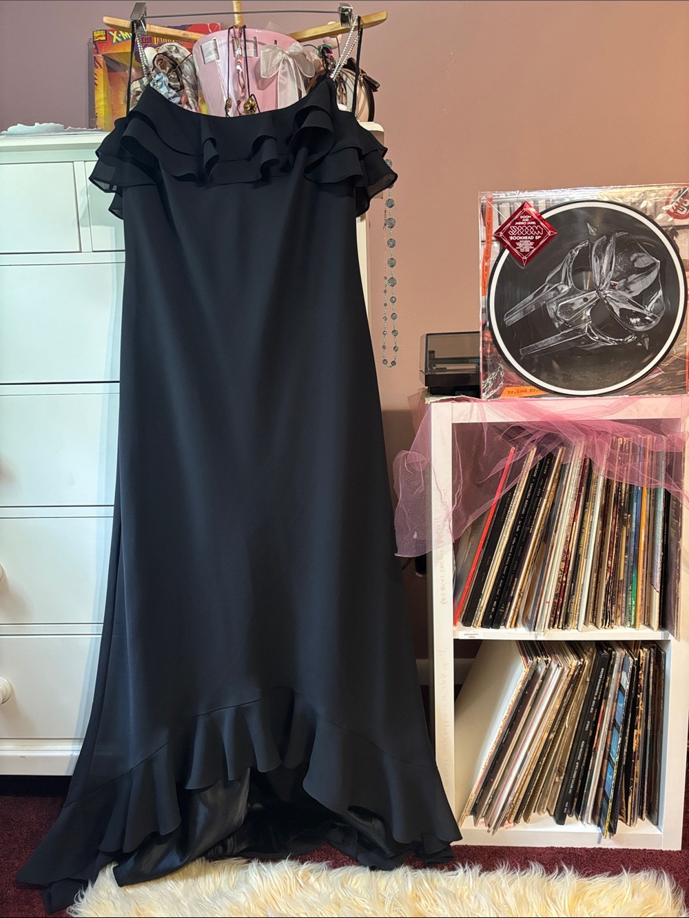 Vintage 90’s Black Bias Asymmetrical Y2K Formal Maxi Long Gown Ruffle XL Gem Hot